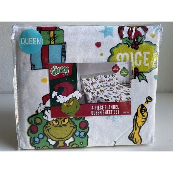 4 Pc Dr. Seuss The Grinch QUEEN Size Cotton Flannel Sheet Set Christmas Soft NEW - Picture 1 of 12
